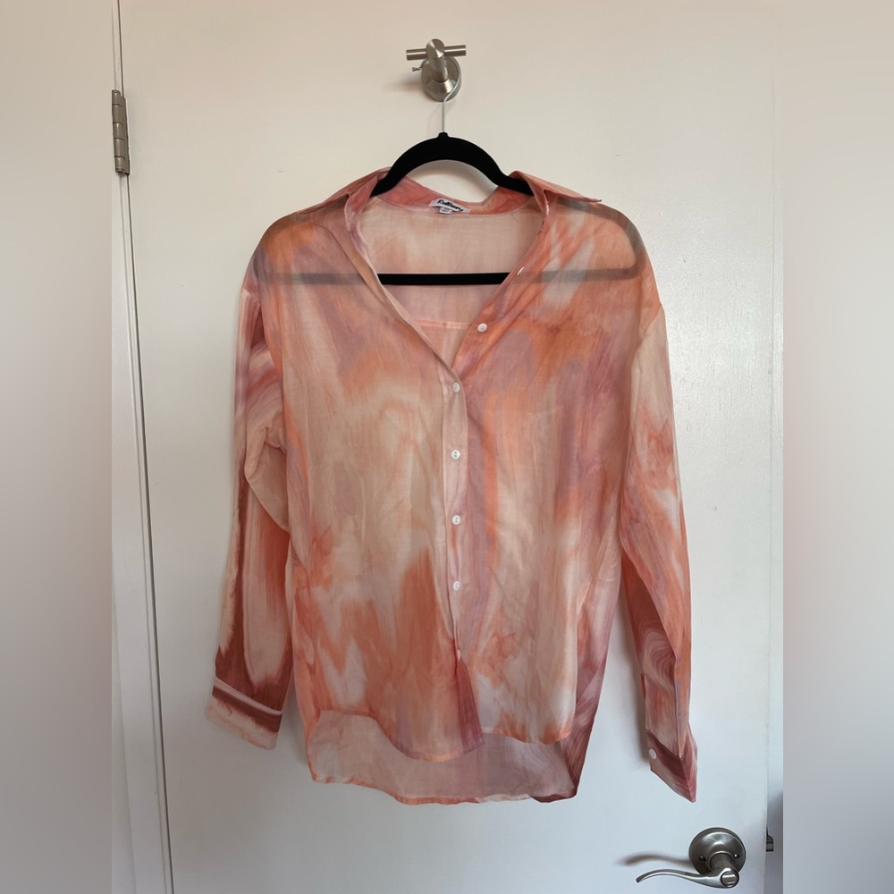 Verge Girl Sheer Marble Button-Down Shirt in Peach and Cream